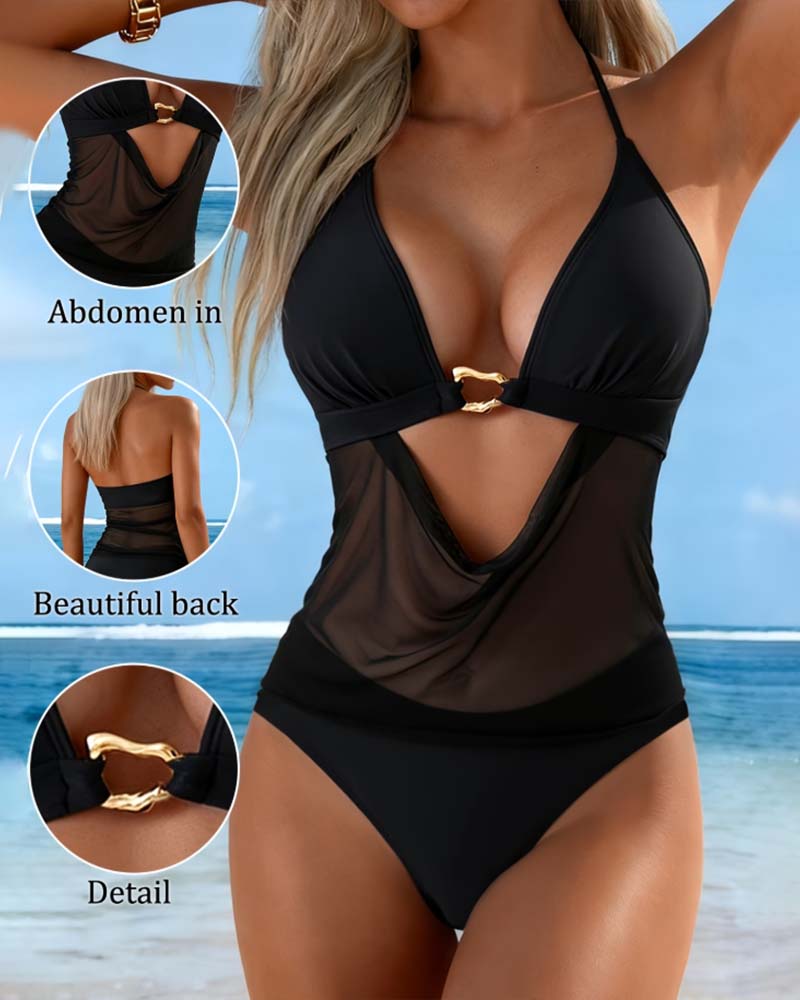 Mesh Patchwork Halter One-Piece