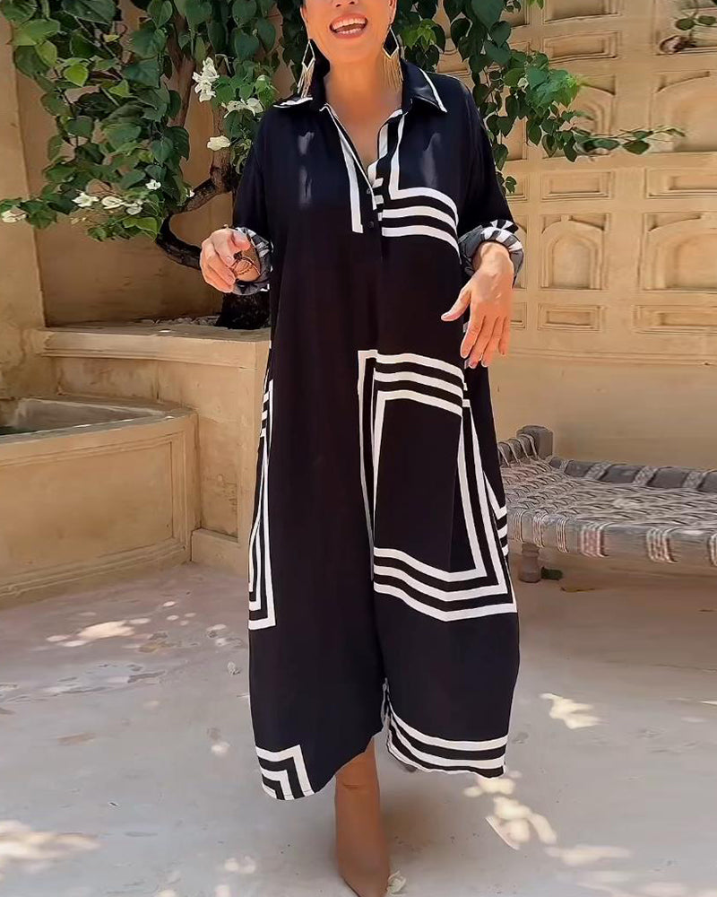 Lapel rectangular printed casual dress
