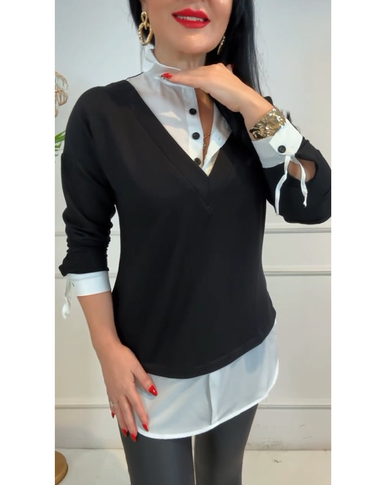 Lapel Black And White Patchwork Top