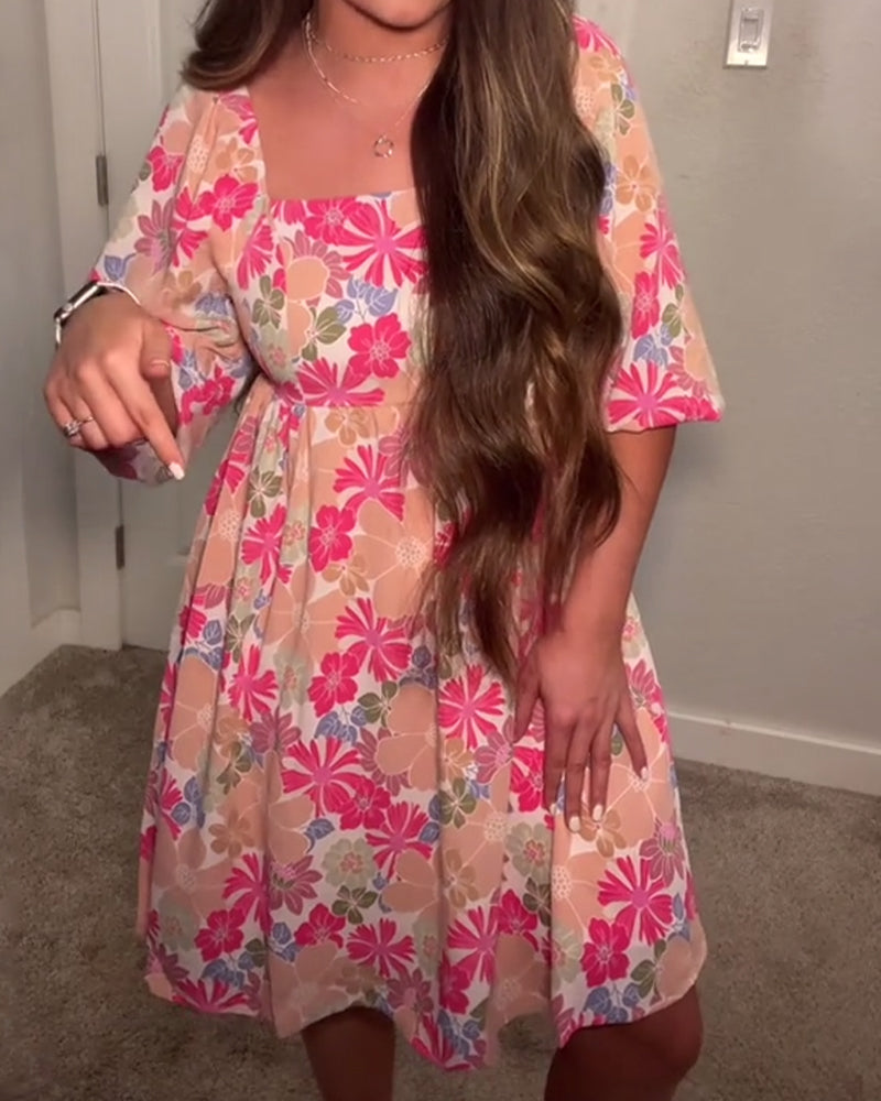 Square-Neck Puff-Sleeve Babydoll Dress