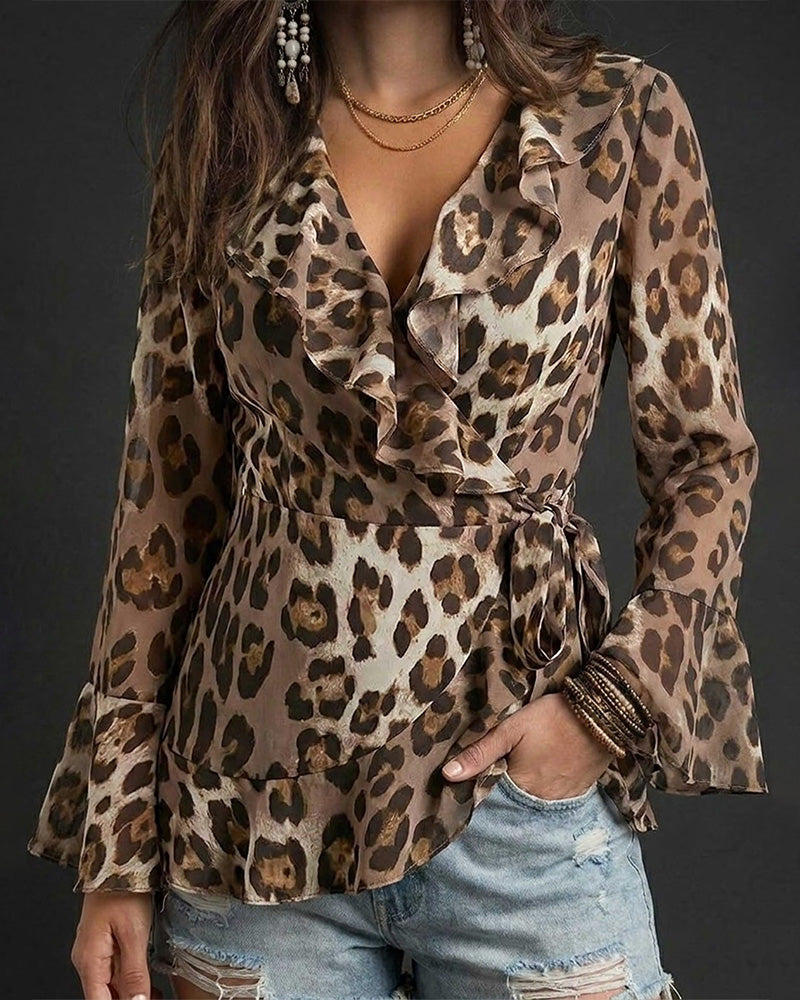 V-Neck Ruffle Leopard Blouse