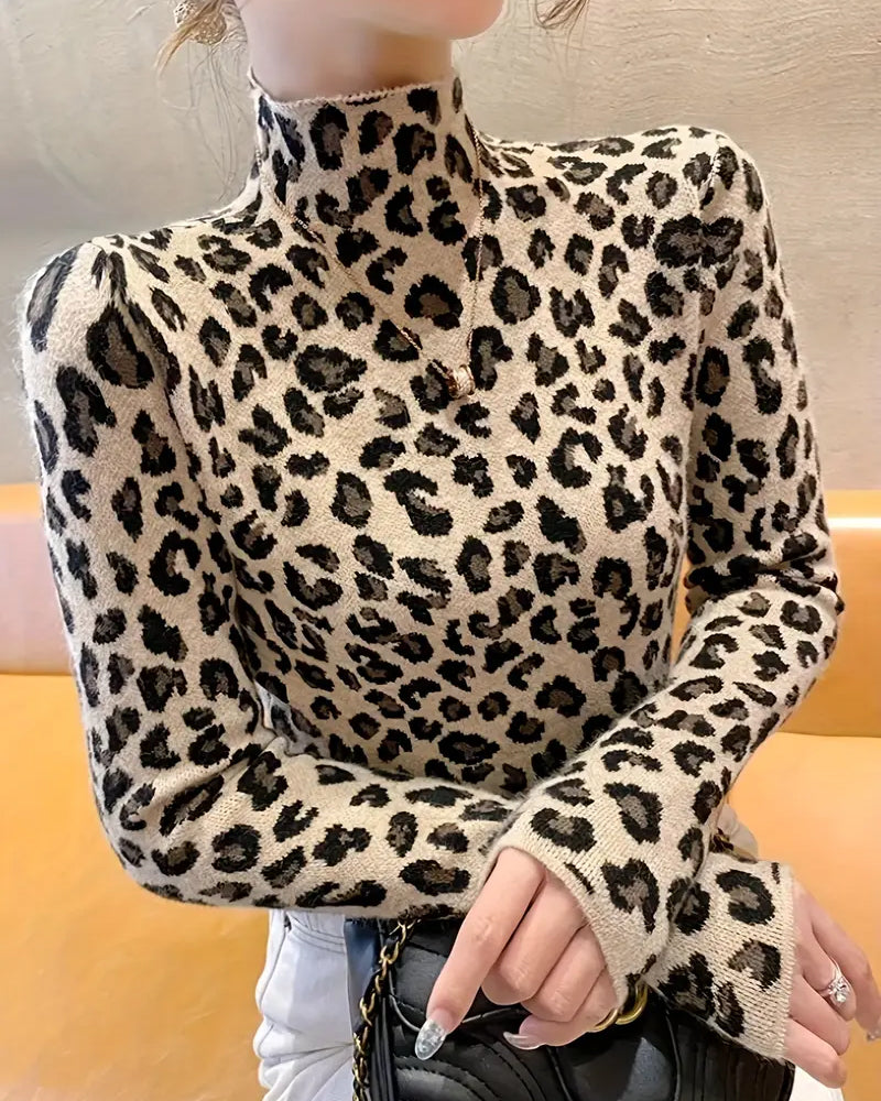 Turtleneck Leopard Print Fashionable Pullovers