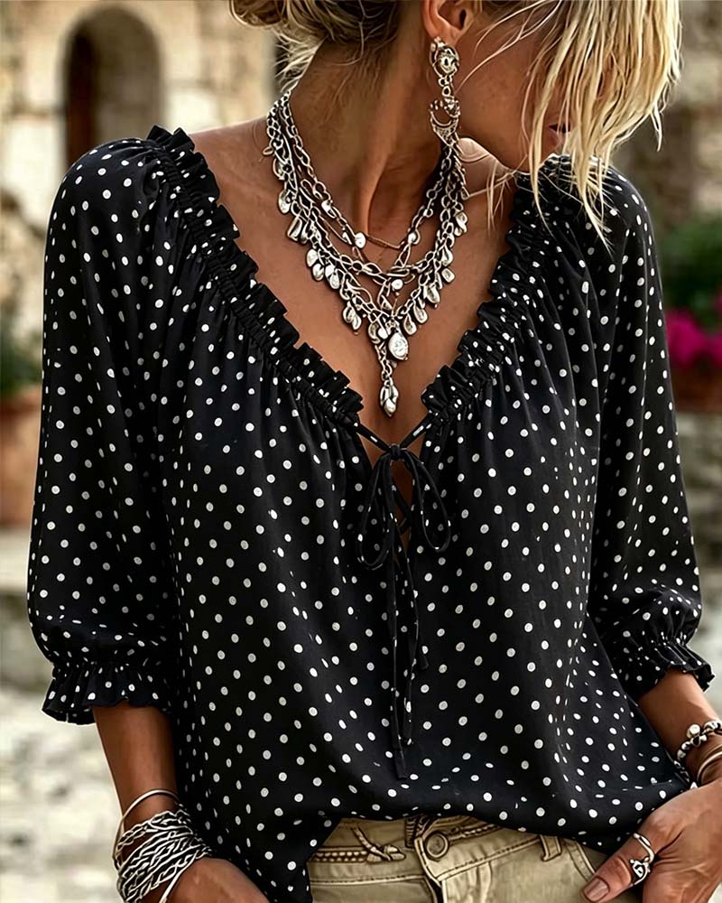 V-Neck Ruffle Polka Dot Tie Blouse