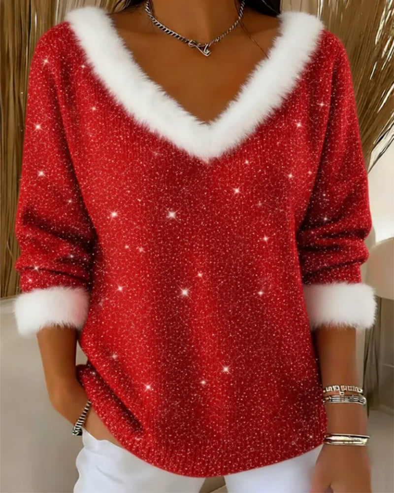V Fur Collar Shiny Fashionable Sweater