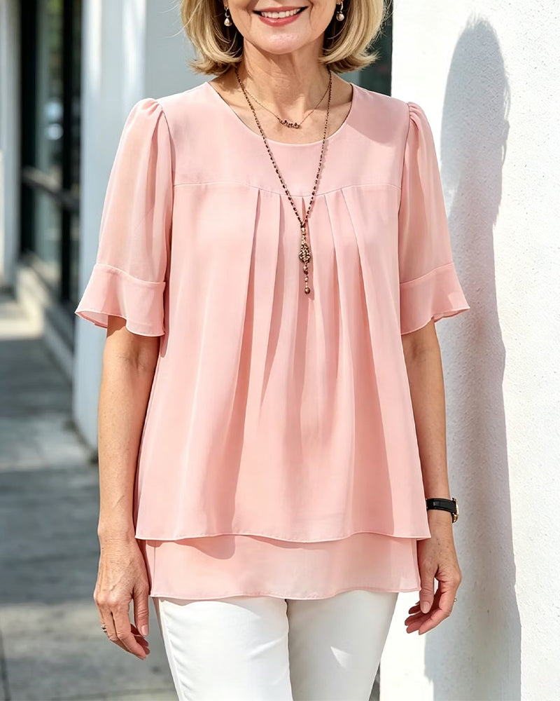 Crew Neck Shirred Ruffle Blouse