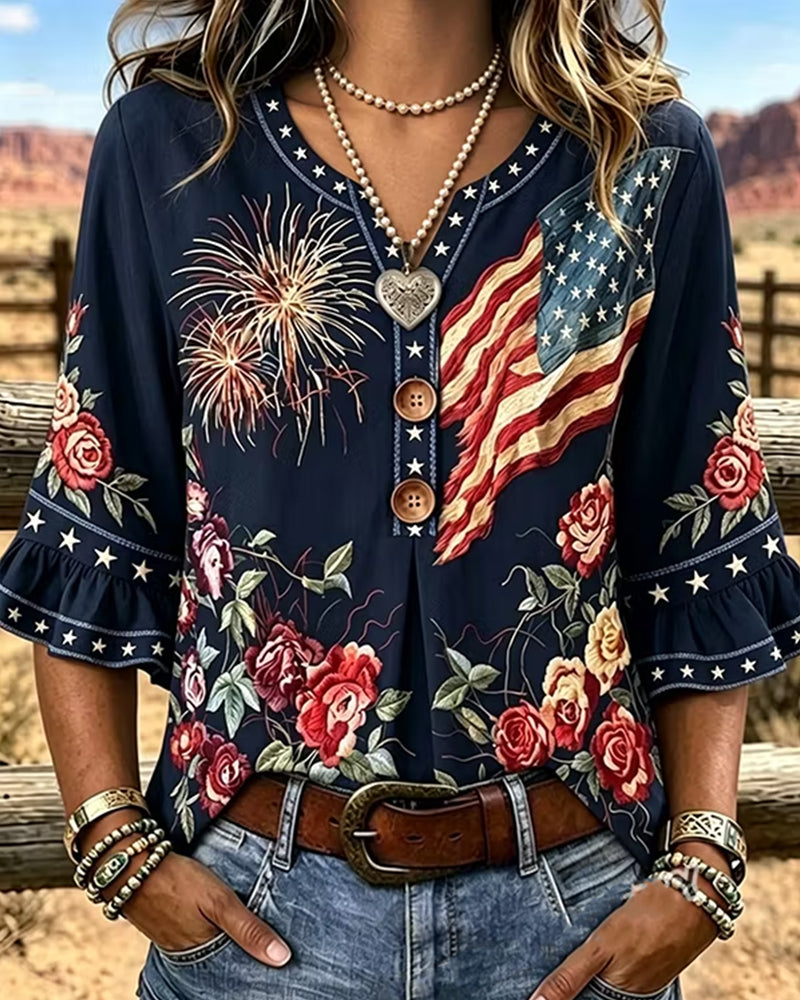 Printed Ruffle Sleeve Blouse