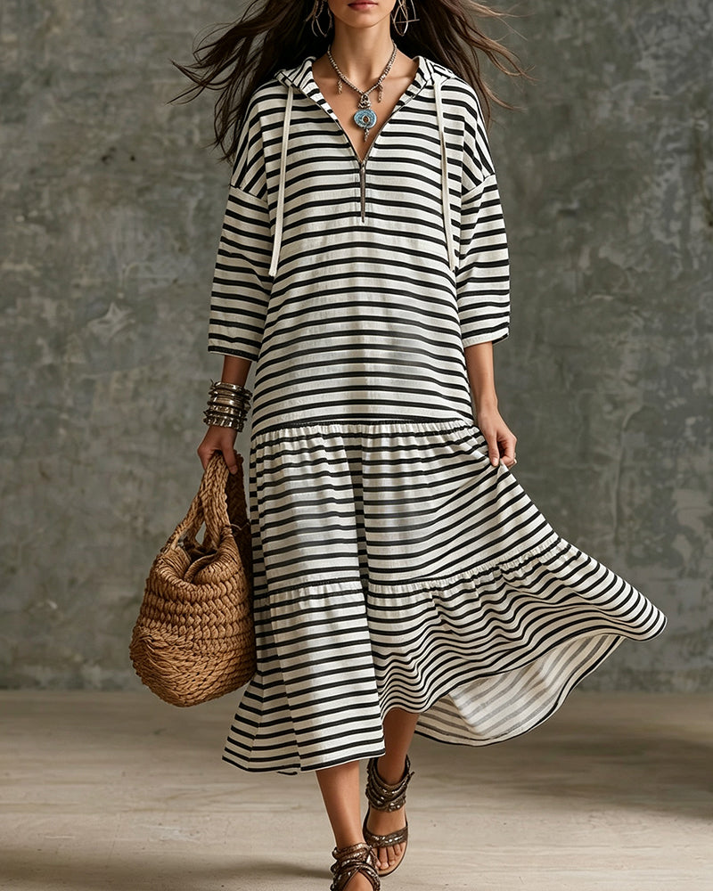 Zipper Hoodie Striped Tiered Dress