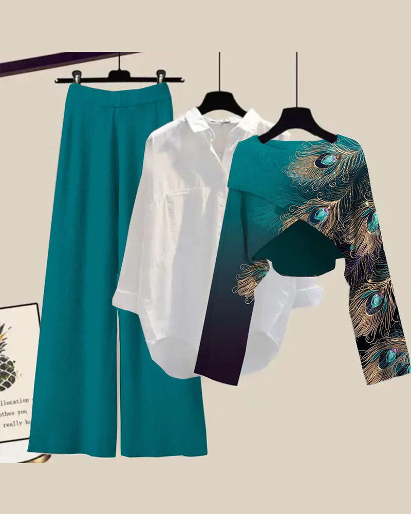 Feather print casual three-piece set