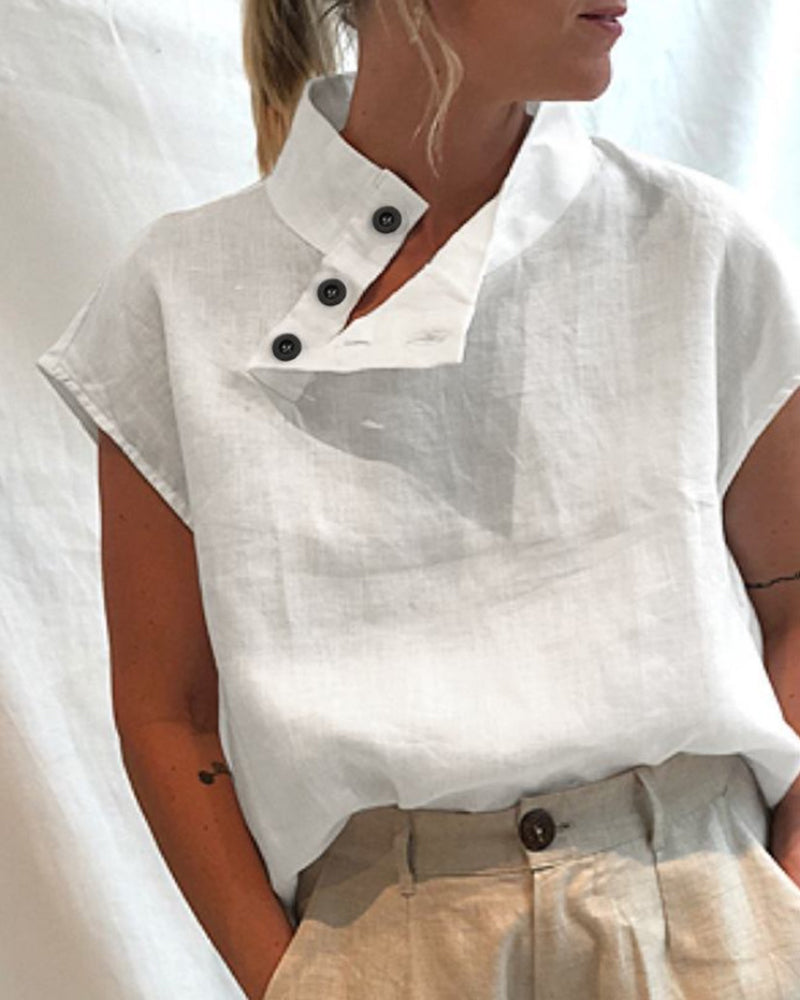 Cotton & Linen Button stand collar top