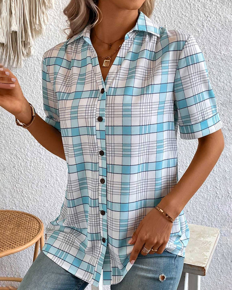 Plaid-print lapel collar blouse