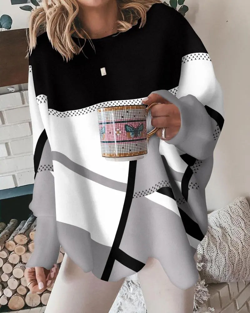 Contrast color casual long sleeve top