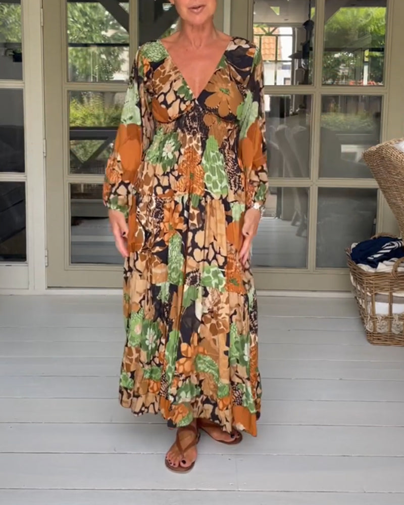 V neck long sleeve print dress