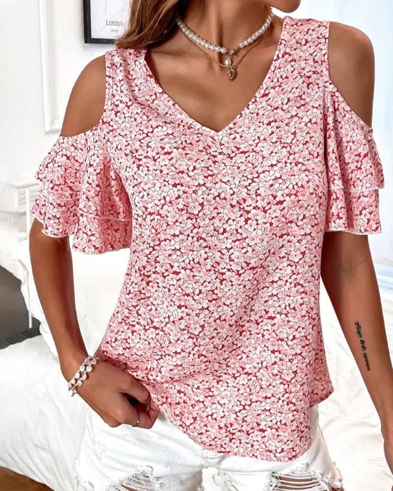 Cold Shoulder Floral Print T-shirt