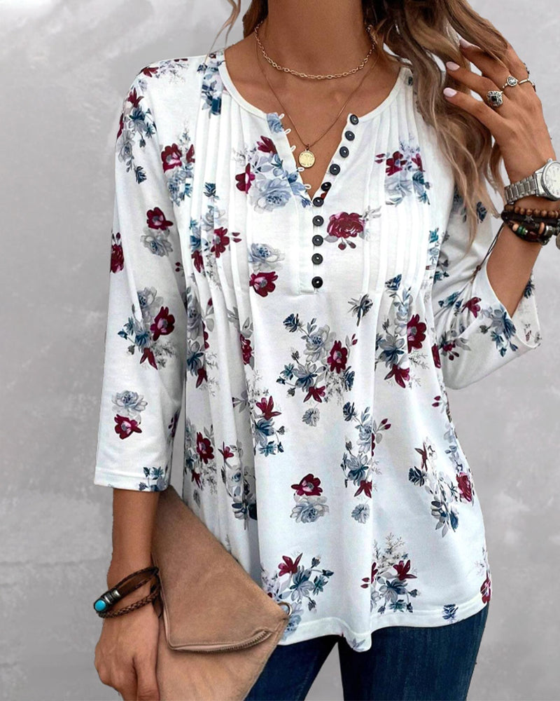 Floral print button elegant blouse