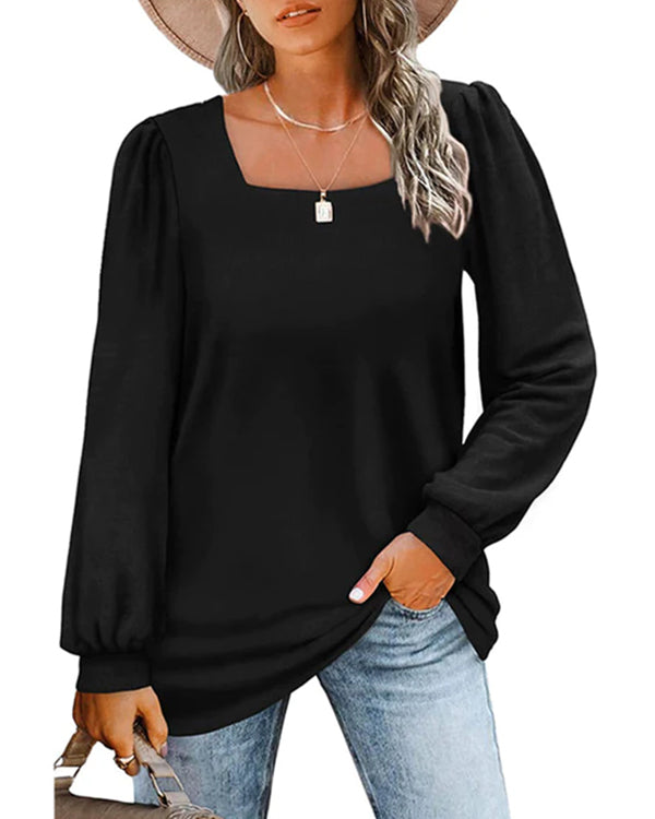 Solid Color long sleeves square neckline top