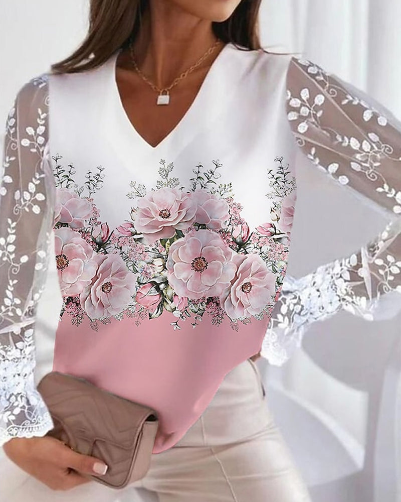 Floral print lace sleeves elegant top