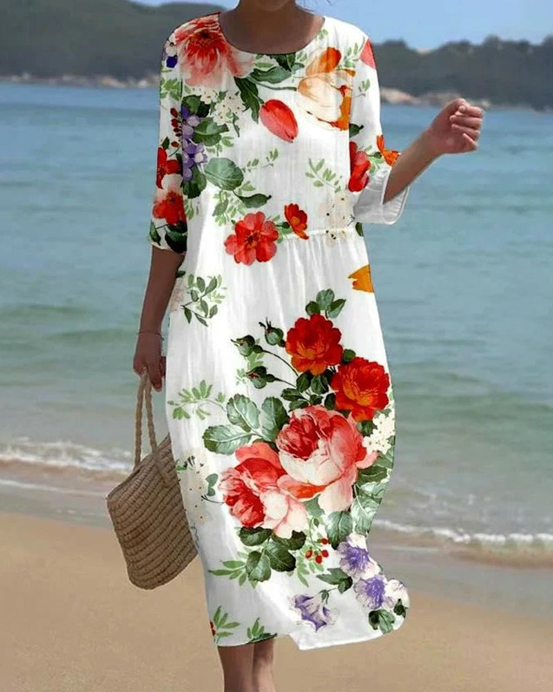 Floral print round neck elegant dress