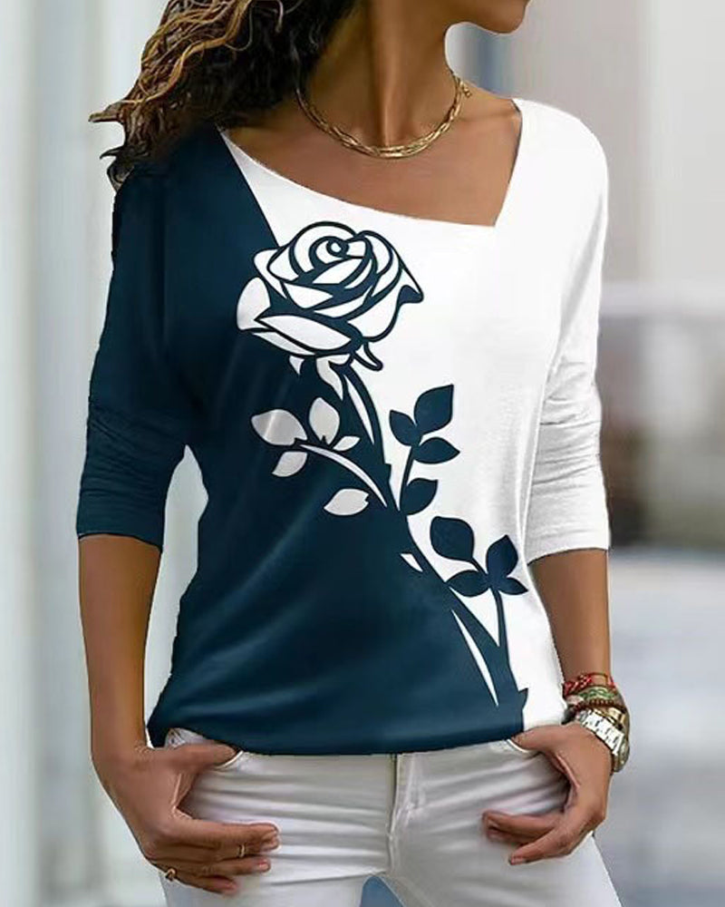 Rose Print Long Sleeve Top