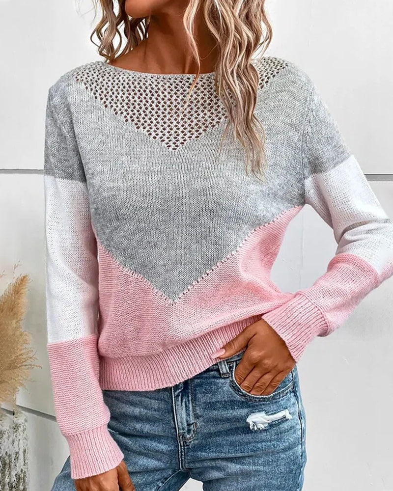 Round neck contrasting hollow sweater