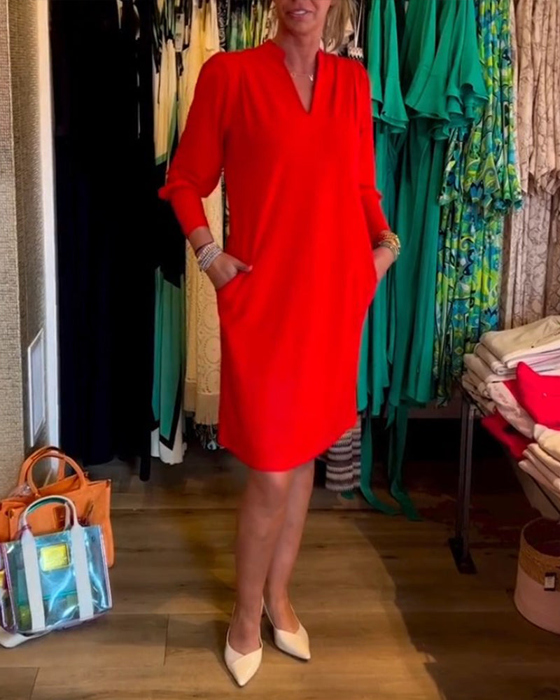 Women's Casual Solid Color V-Neck Long Sleeve Button Dress