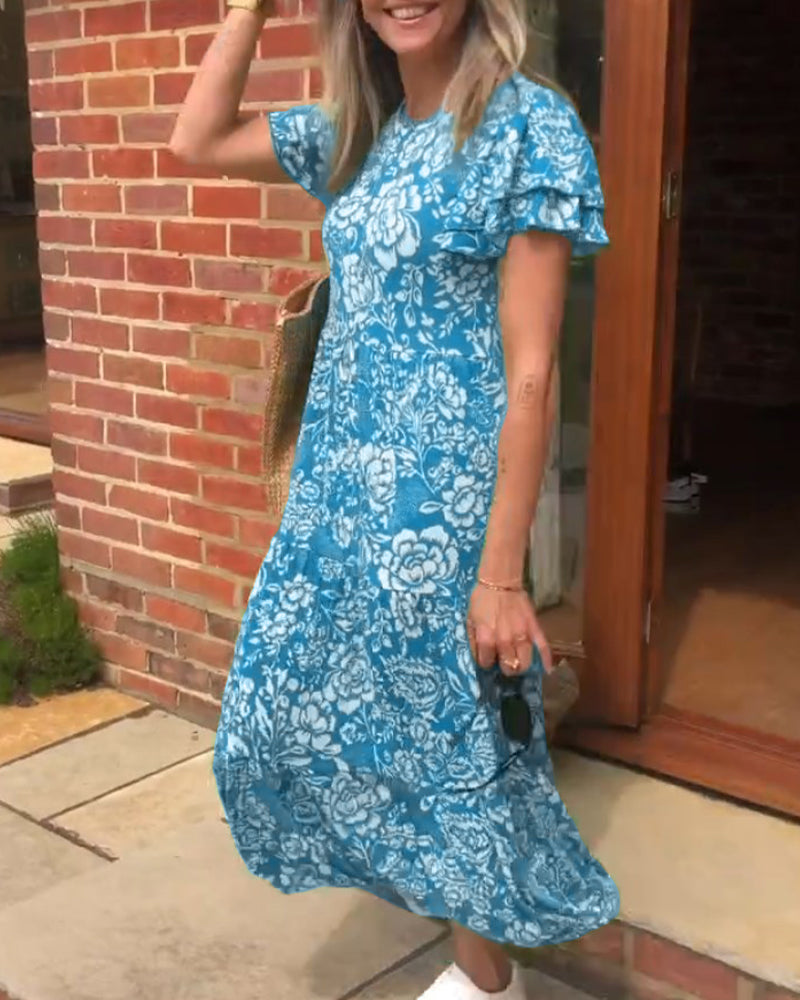 Floral Print Short Sleeve Long Dress