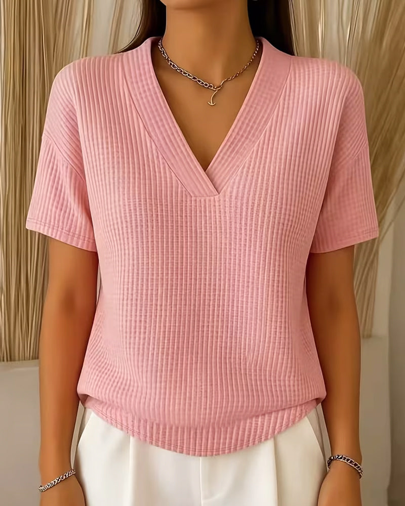 V Neck Solid Color Versatile Short Sleeve T Shirt