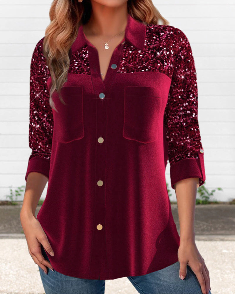 Sequin panel solid lapel button shirt