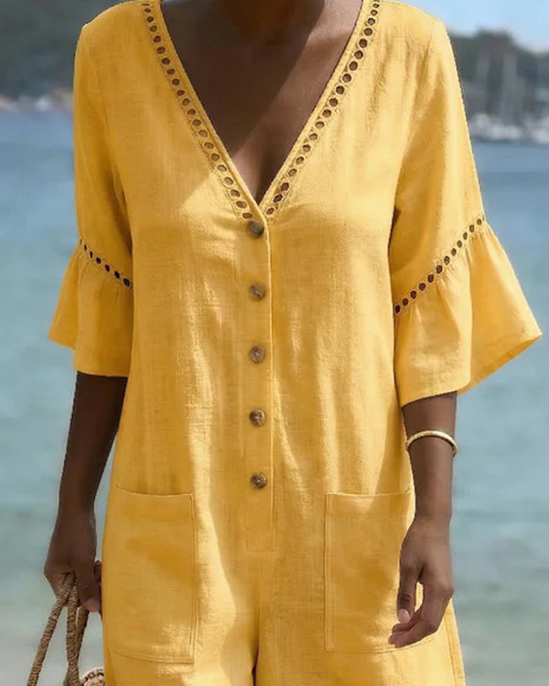 V-Neck Solid Color Hollowed-Out Jumpsuit