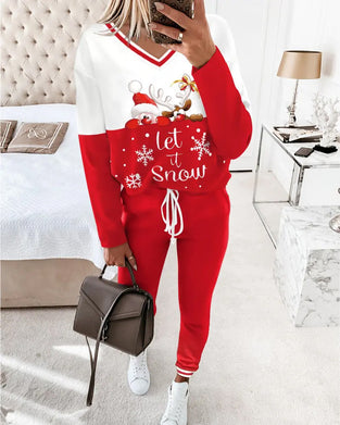 Casual Sports V-Neck Christmas Print Set