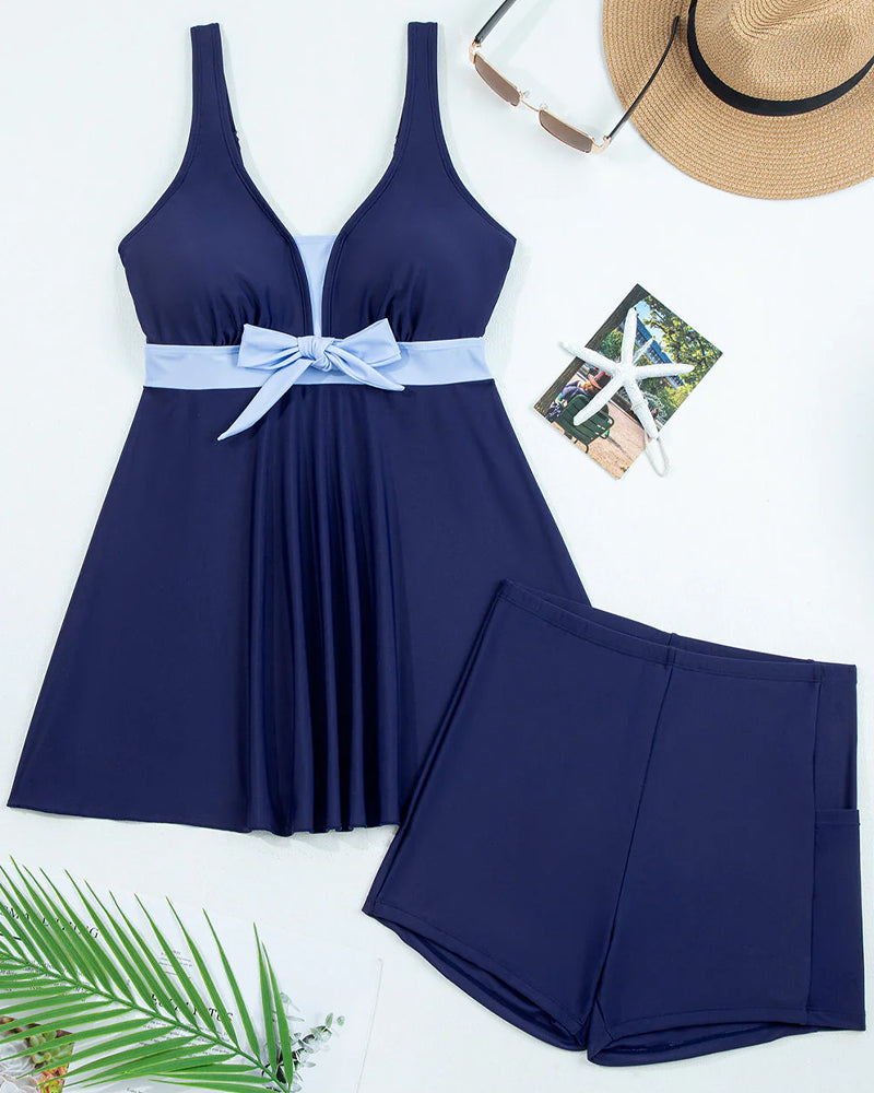 Color-Blocking Bow Skirt Tankini