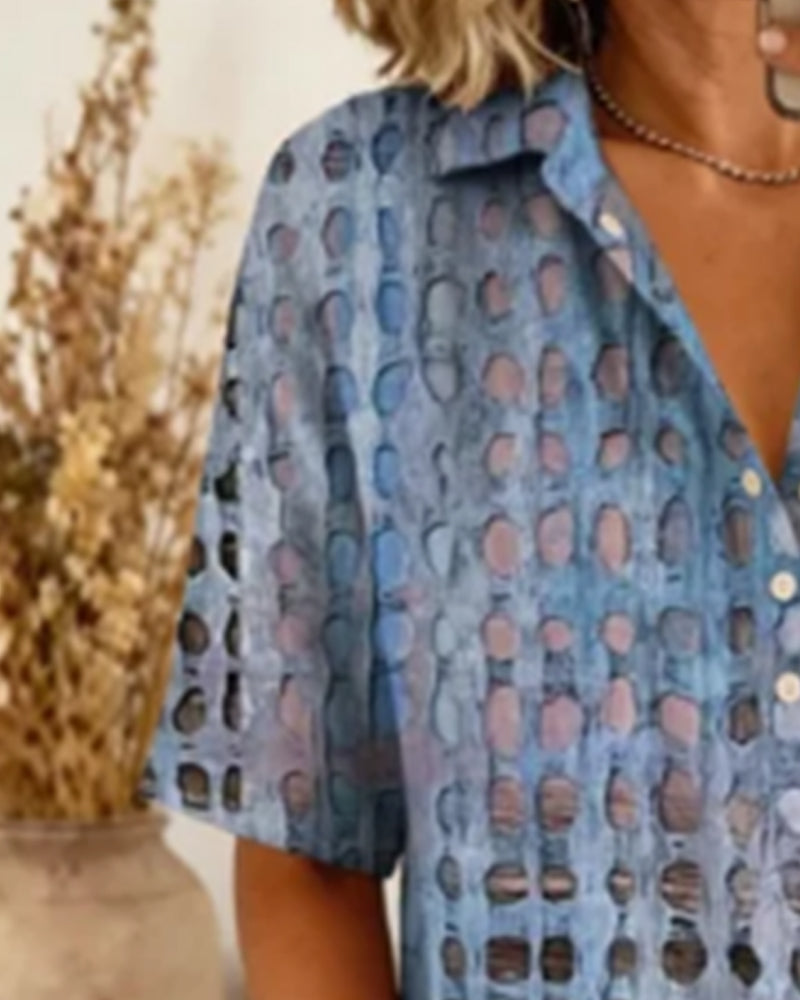 Polka Dot Print Button Half-Placket Blouse