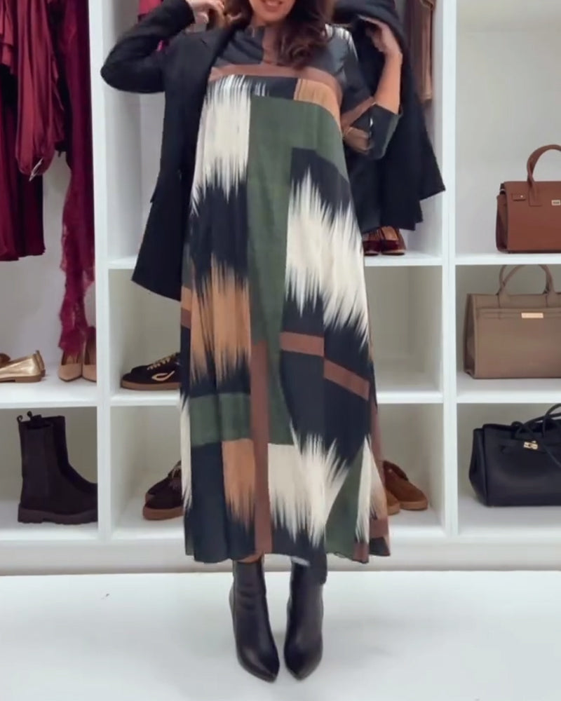 Fashion Printed Round Neck Long Sleeve Dress