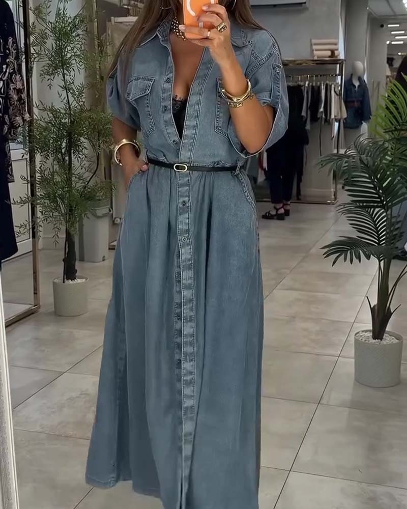 Shirt Collar Pocket Button Denim Dress