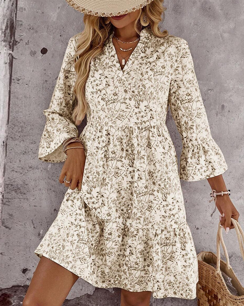 Stand-Collar Floral Print A-Line Dress