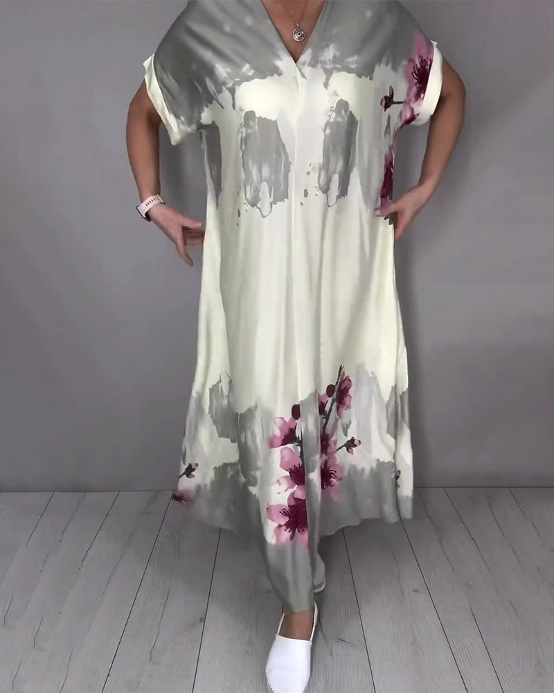 Ink Wash Peach Blossom V-Neck Maxi Dress