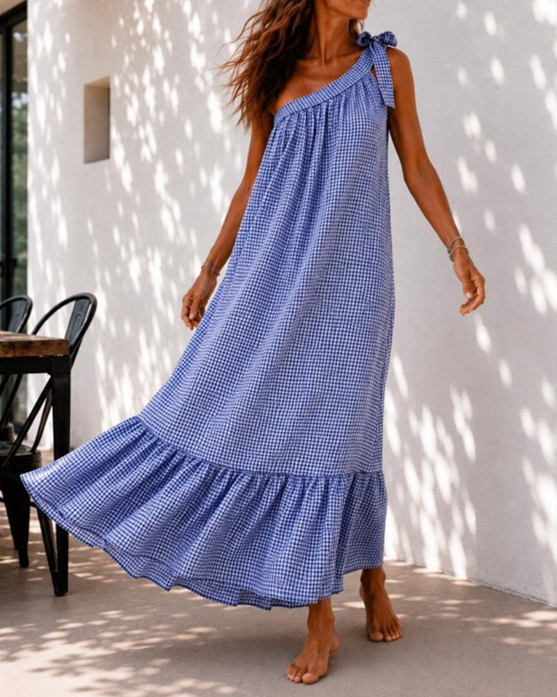 Tie Shoulder Plaid A-Line Dress