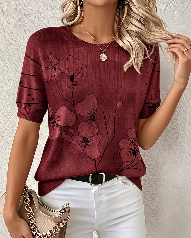 Printed Short-Sleeve Knitted Pullover