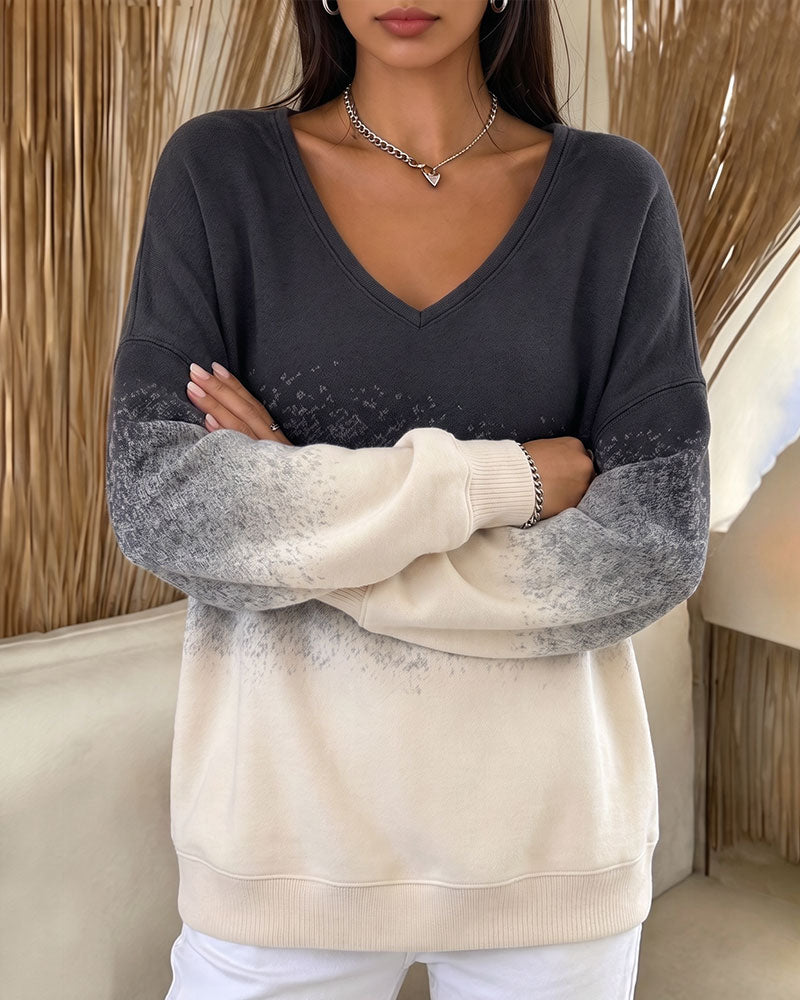V-Neck Gradient Contrasting Loose Sweatshirt