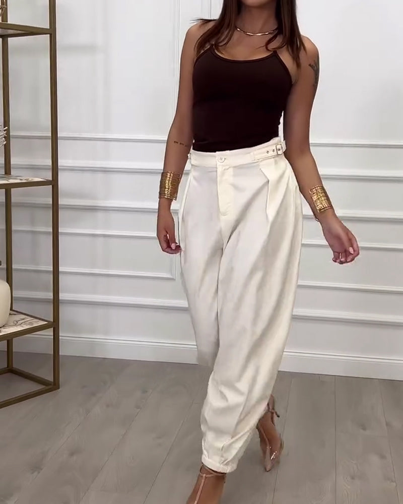 Solid Color Buttoned Jogger Pants