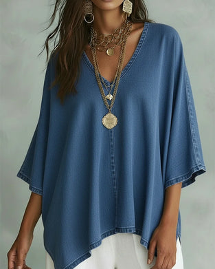 Irregular V-Neck Loose Denim Blouse