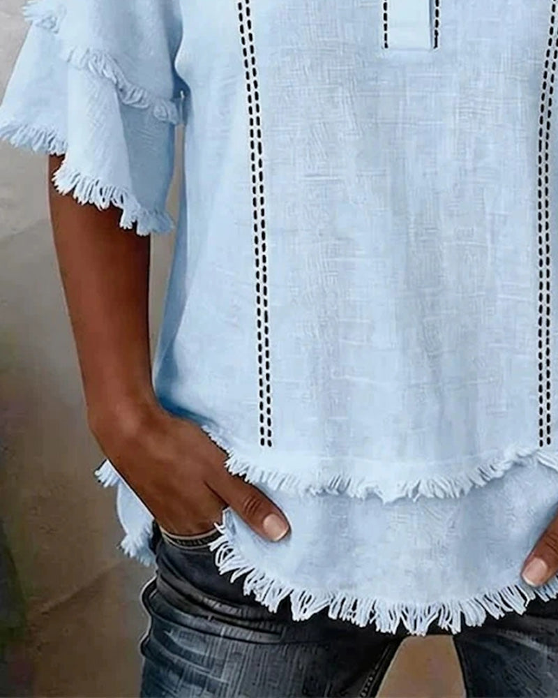 V-Neck Ruffle Layer Half Placket Button Blouse