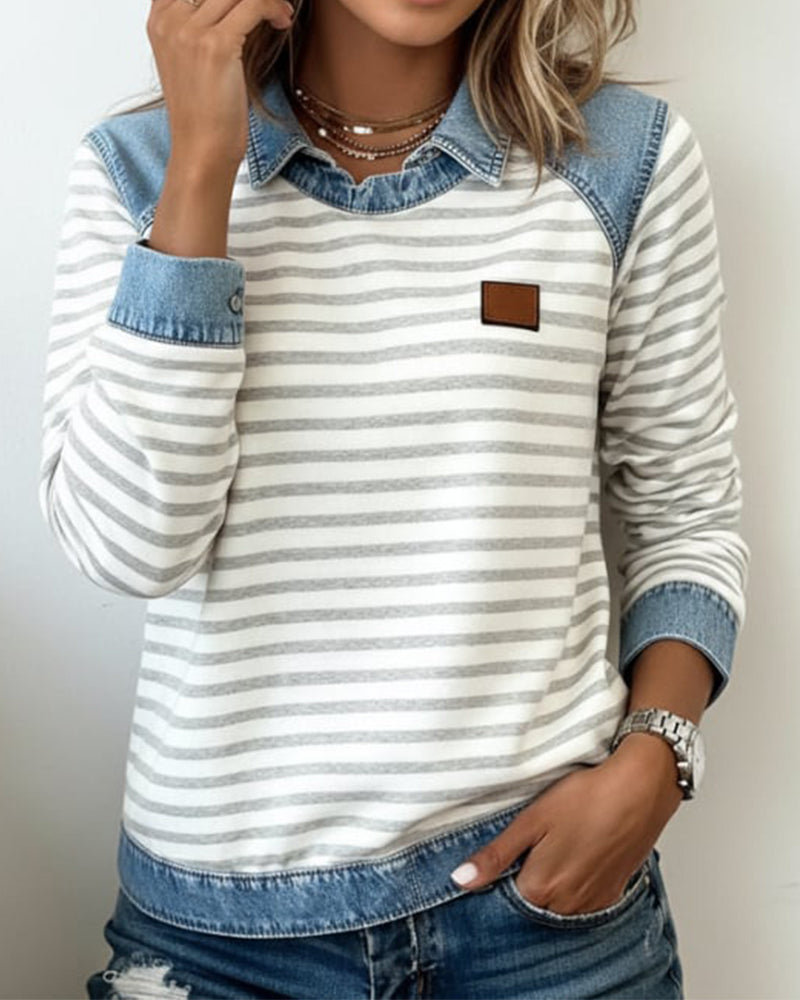 Denim-Color-Block Striped Sweatshirt