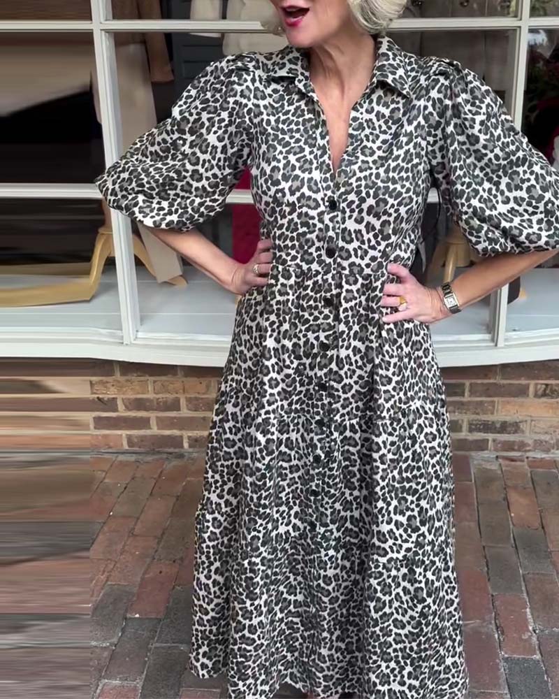 Short-Sleeved Leopard Print A-Line Dress