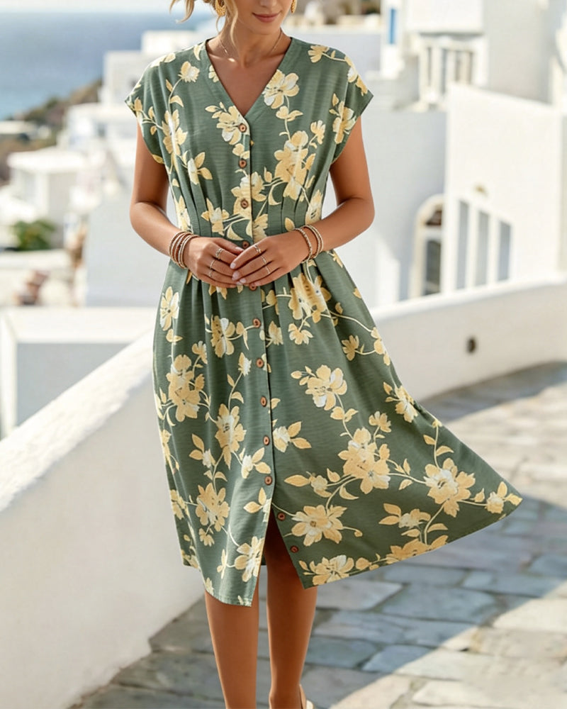 V-Neck Print Cinched Waist Button-Front Dress
