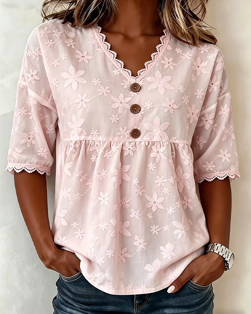 Three-Dimensional Flower V-Neck Half Sleeve Blouse