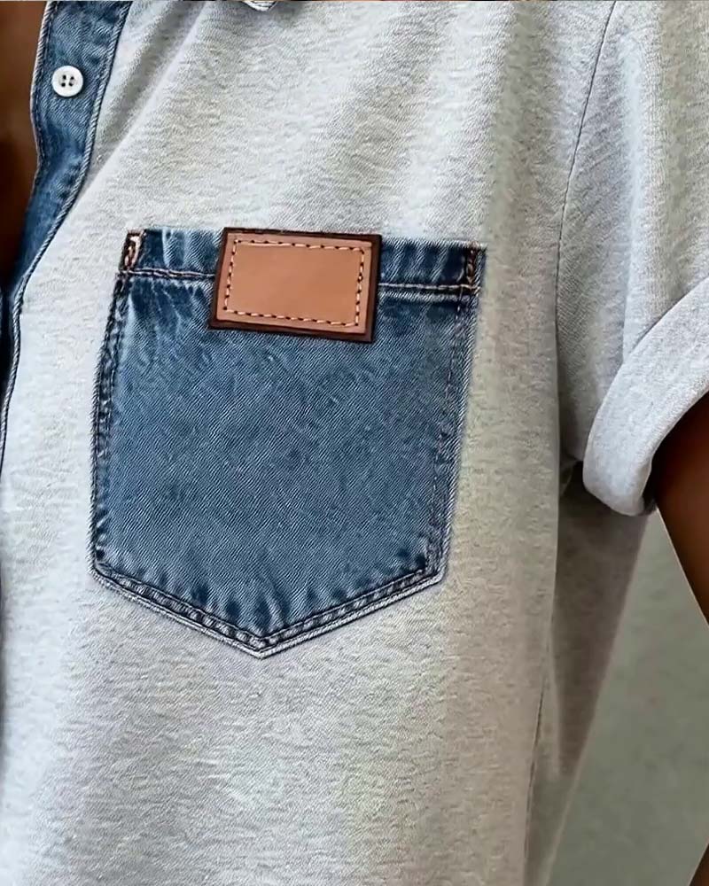 Denim Patchwork Turn-Down Collar T-Shirt