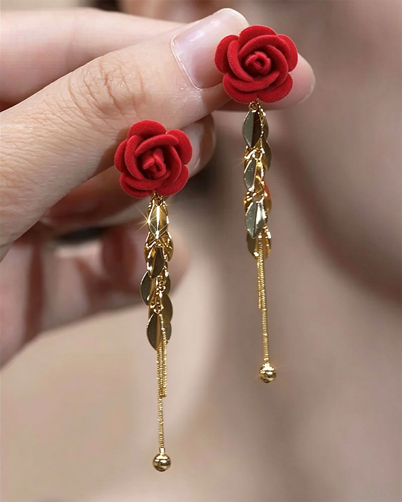 Flocked Rose Heart Long Drop Earrings