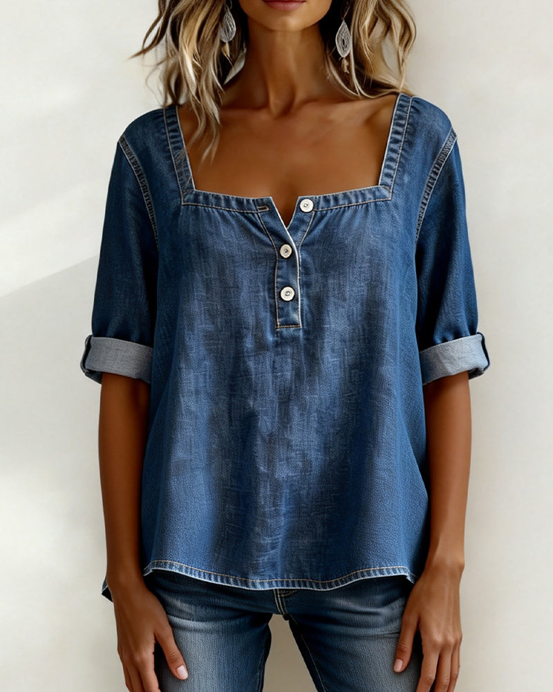 Square Neck Denim Half Sleeve Shirt