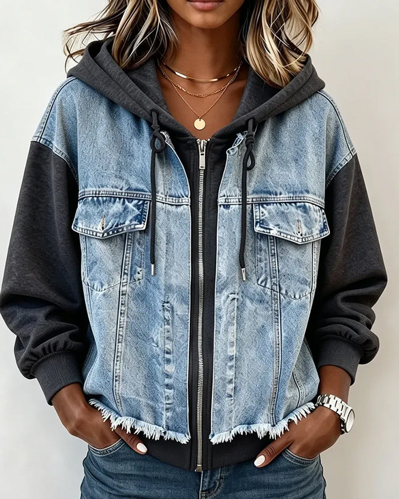 Denim Patchwork Hooded Sweatshirt Coat