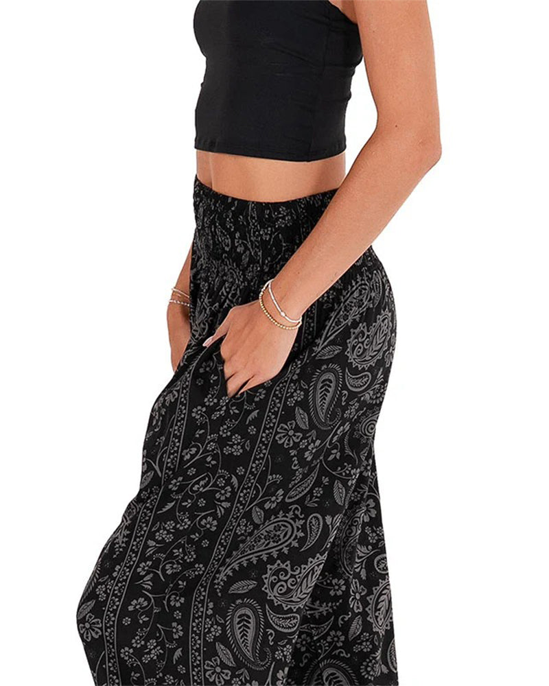 Printed Ethnic Style Pocket Wide-Leg Trousers